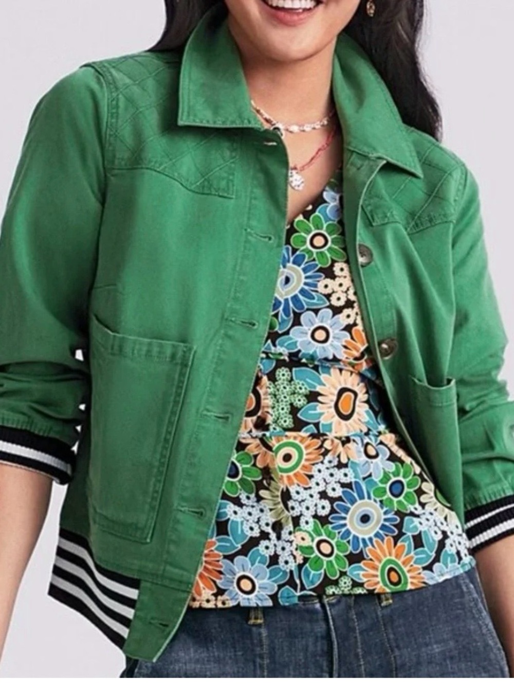 CAbi Green Black Striped-Hem Cotton Bomber Jacket size S